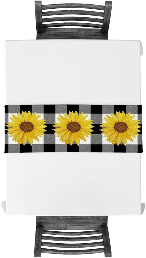 Linen Table Runner for Dining Table,Farm Sunflower Buffalo Plaid Black and White Machine Washable Table Top Covers 72 Inches for Home Kitchen Wedding Party Outdoor Decor