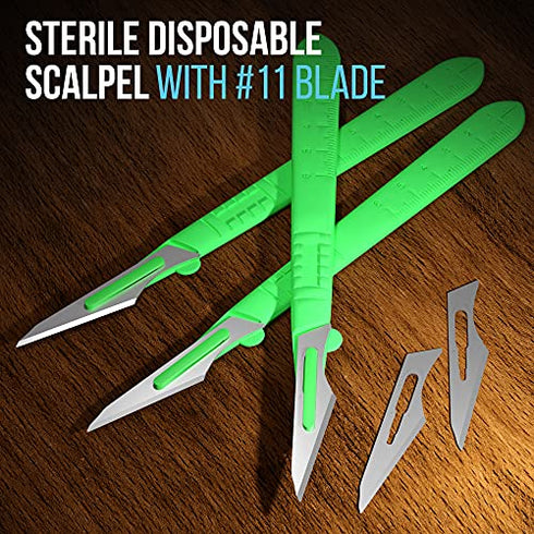 MyMed Disposable Scalpels| #11 Sharp Carbon-Steel Blades | Pack of 20 | Sterile Individual Pouches| for Dermaplaining, Podiatry, Crafts & More (#11 Green Handle)