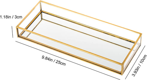 Feyarl Gold Clear Glass Vanity Tray Jewelry Trinket Rings Earrings Organizer Perfume Collection Display Decorative Tray Anti-Mirror Surface for Dressr Room Drawer Office Tabletop (9.84Inch)