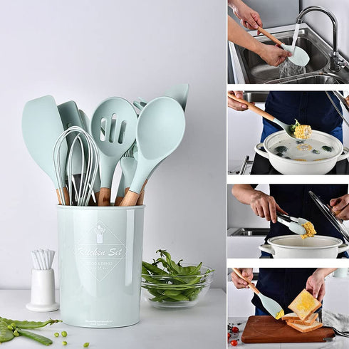 Crosea 12Pcs Silicone Cooking Kitchen Utensils Set with Holder,Wooden Handles Cooking Tool,BPA Free,Non Toxic Turner Tongs Spatula Spoon Kitchen Gadgets Set for Nonstick Cookware (Green)