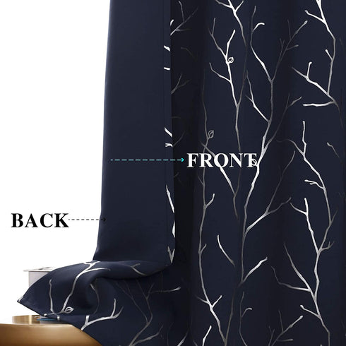 BUHUA Thermal Insulated Curtains Blackout Grommet Thermal Insulated Shinny Tree Branches Print Curtain for Bedroom,Navy Blue,38W x 72L, Set of 2 Panels