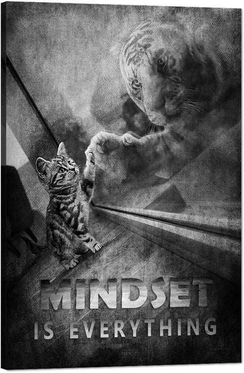 Modern Inspirational Picture Wall Art Mindset is Everything Cat and Tiger Motivational Entrepreneur Quotes Canvas Inspiring Painting Artwork Ready to Hang for Home Office Decor - 12''W x 18''H