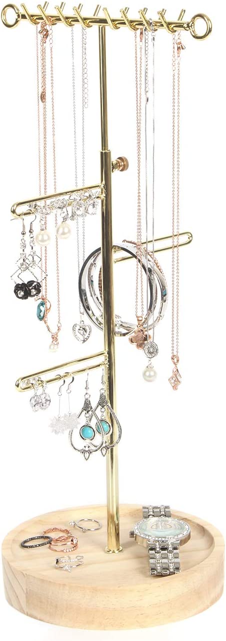 J JACKCUBE DESIGN Jewelry Tree Stand Organizer, with Adjustable Height Gold Metal Bar and Wooden Tray Storage Display Holder for Necklace, Earring, Bracelet and Ring- MK663A (Gold)
