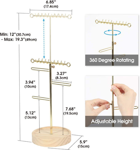 J JACKCUBE DESIGN Jewelry Tree Stand Organizer, with Adjustable Height Gold Metal Bar and Wooden Tray Storage Display Holder for Necklace, Earring, Bracelet and Ring- MK663A (Gold)