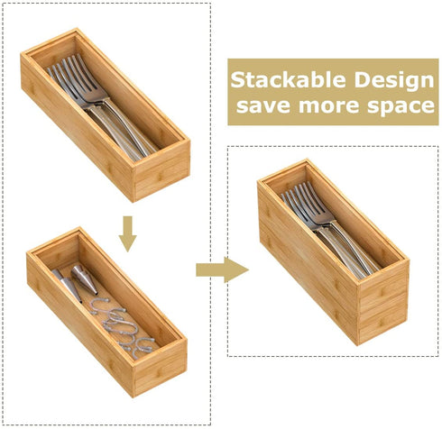 Bamboo Drawer Organizer Storage Box Kitchen - Wood Stackable Tray Set of 2(9x3x2 inch)