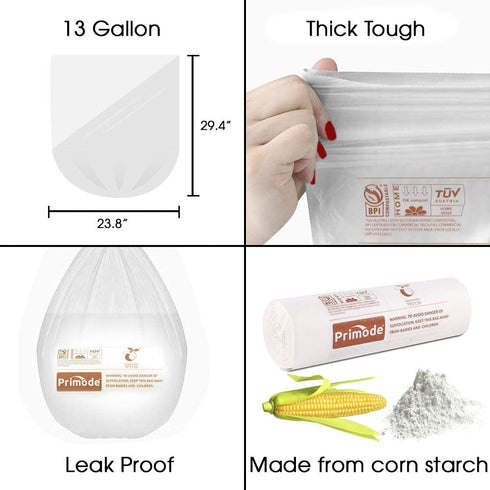 Primode 100% Compostable Bags, 13 Gallon Food Scraps Yard Waste Bags, 50 Count, Extra Thick 0.87 Mil. ASTMD6400 Compost Bags Small Kitchen Trash Bags, Certified By BPI And TUV