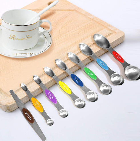 Sunnyac Measuring Spoons with Strong Magnets, Set of 8 Stainless Steel Measuring Spoons with Leveler, Double-Ended Metal Teaspoon and Tablespoon for Dry and Liquid Ingredients (Multi-colored)