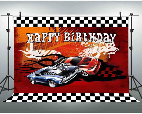 EOA 7(W) x5(H) FT Racing Cars Red Photography Backdrop Happy Birthday Hot Racer Wheels Banner Children Kids Cake Table Studio Props