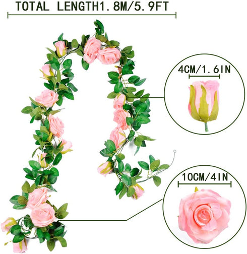 Meiliy 4 Pack 6.6 FT Fake Rose Vine Flowers Plants Artificial Flower Home Hotel Office Wedding Party Garden Craft Art Decor (Blush Pink Rose Garland 4 PCS)