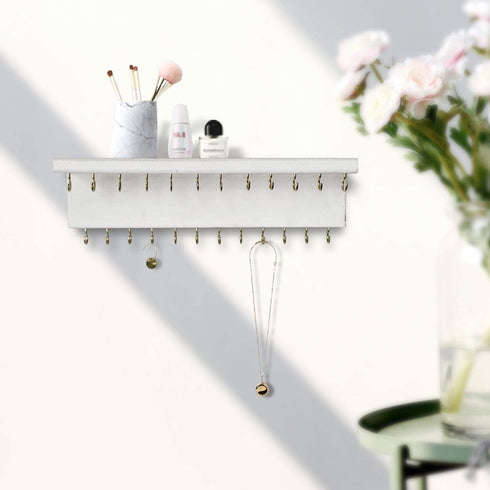 SANY DAYO HOME Jewelry Organizer with 24 Hooks and Cosmetics Shelf, 12 x 3 x 4 inches Wall Mounted Rustic Pine Wood Holder for Necklaces and Bracelets, Suitable for Kids and Adults (Retro White)