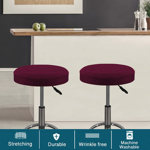 Turquoize Velvet Bar Stool Covers Round Stool Cushion Covers Stool Chair Covers Barstool Covers Slipcovers Set of 2, Feature Stretchy Thick Bouncy Fabric Washable, Dia 16"-18", X-Large, Burgundy
