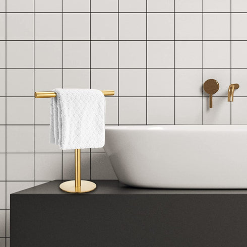Pynsseu Golden T-Shape Towel Bar Rack Stand Bath Hand Towel Holder Standing SUS 304 Stainless Steel Matte Tower Bar for Bathroom Kitchen Vanity Countertop