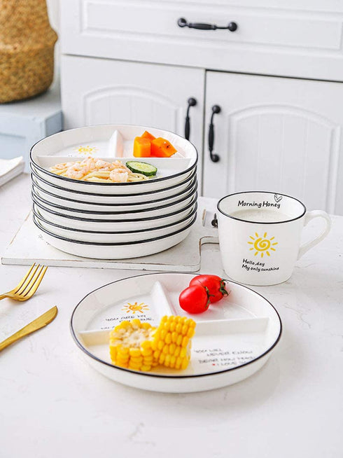 Bicuzat 1 PCS Ceramic Portion Control Plate Divided Dish for Healthy Eating and Weight Loss Divided Dessert Plate Salad Plate Dinner Plate for Kids-8 Inch