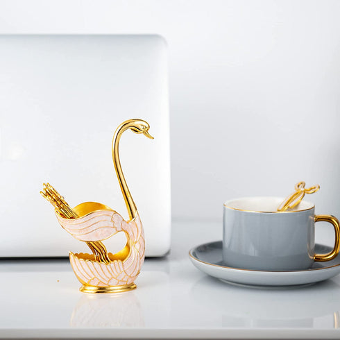 Feyarl Coffee Dessert Sugar Spoon Set Decorative Swan Base Holder with 6pcs Spoons for Stirring Mixing Dessert Ice Cream Coffee Teaspoon Cake Flatware (Gold)