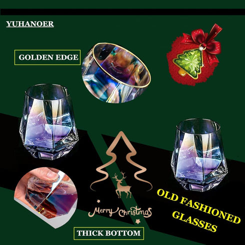 Christmas Diamond Whiskey Glasses Wine Glass Set Of 2(10Oz)Rocks Glass,with Gold Rim Stemless,Iridescent Glassware Crystal Material Tumblers,for Red Wine Bourbon Beverage Juice Glass(2pcs )
