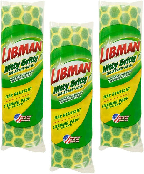Libman Nitty Gritty Roller Mop Refills, Green, Yellow, 3 Pack