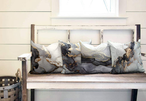 GALMAXS7 Marble Texture Black and Gold Silver Decorative Throw Pillow Covers Luxury Abstract Fluid Art Ink Soft Velvet Pillow Case Square Cushion Covers for Couch Living Room 18 x 18 Inch Set of 4