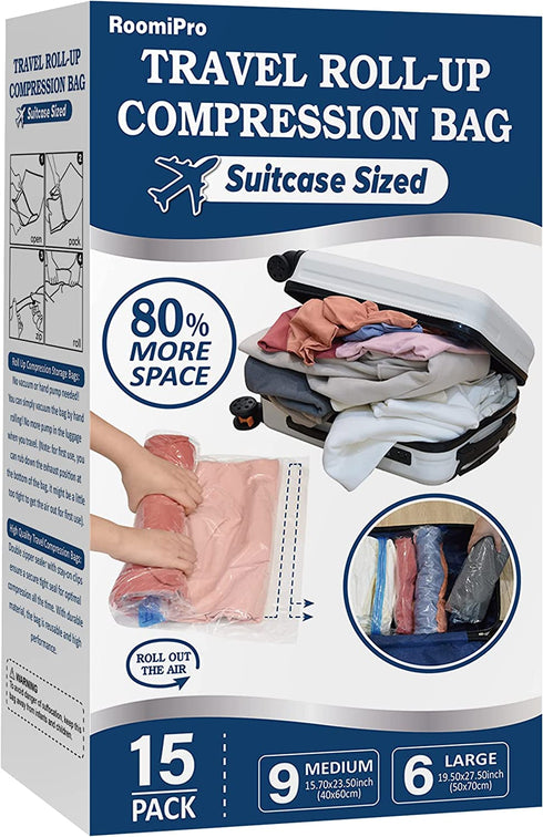15 Compression Bags for Travel, Roll Up Space Saver Bags for Travel, Saves 80% of Storage Space, Travel Compression Bags for Packing & Clothes, No Pump or Vacuum Needed