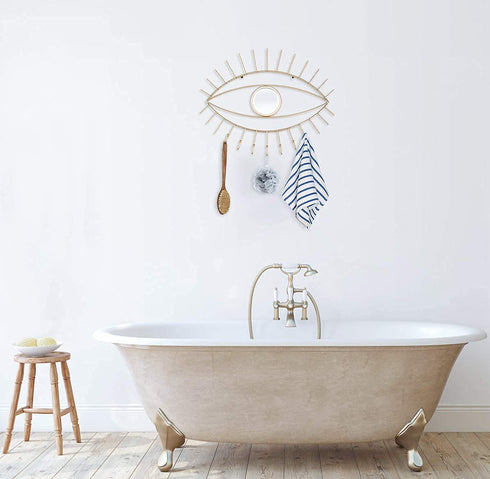 Urban Deco Eye Shaped Wall Mounted Jewelry Organizer Mirror with 7 Necklace Hooks, Evil Eye Mirror Wall D©cor, Metal Jewelry Holder Gold Necklace Holder Organizer