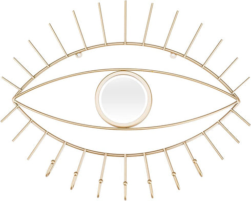 Urban Deco Eye Shaped Wall Mounted Jewelry Organizer Mirror with 7 Necklace Hooks, Evil Eye Mirror Wall D©cor, Metal Jewelry Holder Gold Necklace Holder Organizer