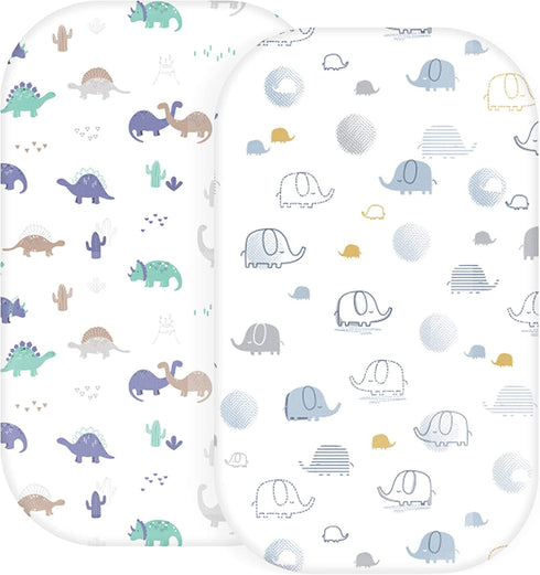 Bassinet Sheet - 2 Pack - Bassinet Mattress Pad Cover - 100% Cotton, Rectangle and Oval Baby Bassinet Fitted Sheets (Animals)