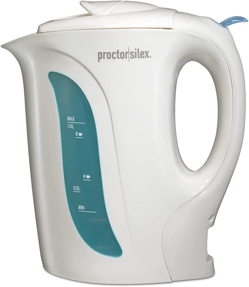 Proctor Silex 1 Liter Electric Kettle for Tea and Water with Auto-Shutoff and Boil-Dry Protection, White (K2070PS), 1 L,