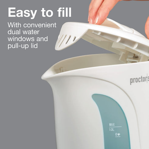 Proctor Silex 1 Liter Electric Kettle for Tea and Water with Auto-Shutoff and Boil-Dry Protection, White (K2070PS), 1 L,
