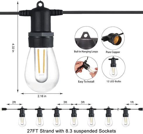 YEEMATOP Solar Powered Outdoor String Lights,27FT Patio Lights with 12 LED Shatterproof Bulbs,1W LED Shatterproof Vintage Edison Bulbs,Indoor String Lights 4 Light Mode,Pro - Waterproof (Warm White)