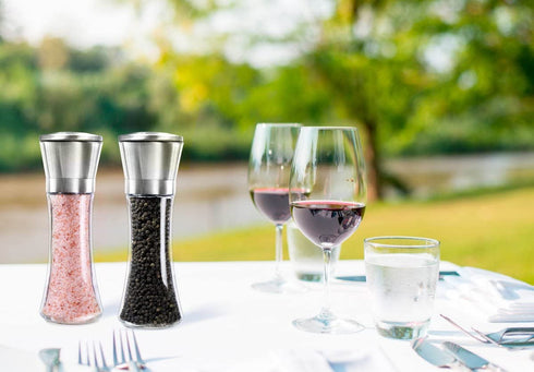 Levav Premium Salt and Pepper Grinder Set of 2- Brushed Stainless Stell Pepper Mill and Salt Mil, Glass Body, Size Grade adjustable ceramic rotor-salt and pepper shakers (tall)