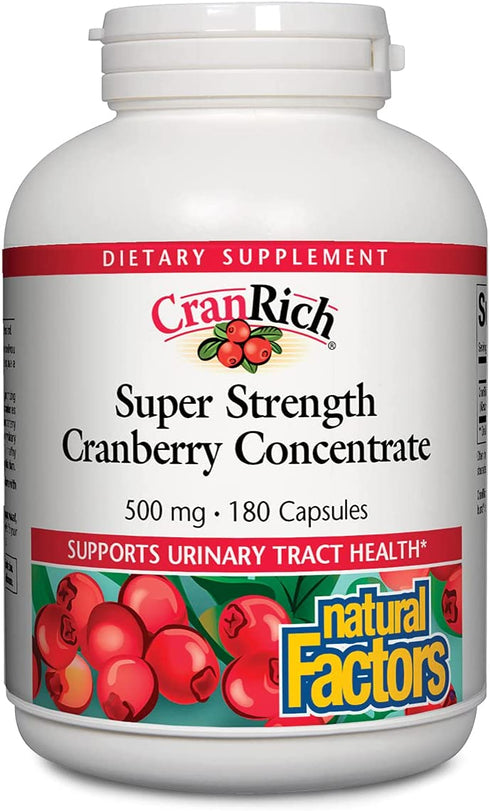CranRich by Natural Factors, Super Strength Cranberry Concentrate, Antioxidant Supplement for Urinary Tract Support, Non-GMO, 180 Capsules