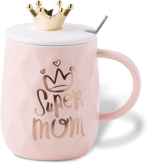 Mug for Mom with Crown Cute Coffee Ceramic Cup Unique Gift for Women Queen Wife Grandma Girlfriend Daughter Mother's Day - 15oz with Lid & Spoon (Super Mom)