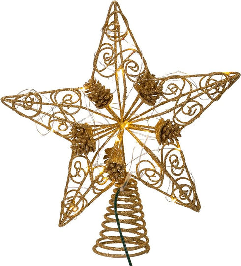 Kurt S. Adler Kurt Adler 11.75-Inch 30 Fairy Light Gold Star with Pinecones Treetop Tree Topper, Multi