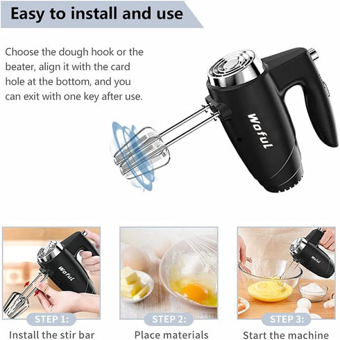 5-Speed 200W Electric Hand Mixer,with Eject Button,4 Stainless Steel Attachments(Beaters and Dough Hooks),for Whipping Cake, Cream,Dough,Cookies,Black