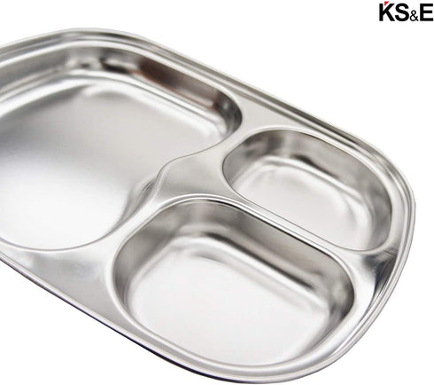 Korean Stainless Steel Divided Plates by KS&E, Kids Toddlers Babies Tray, BPA Free, Diet Food Control, Camping Dishes, Compact Serving Platter, Dinner Snack, 3 Compartment Plate Silver, Set of 2
