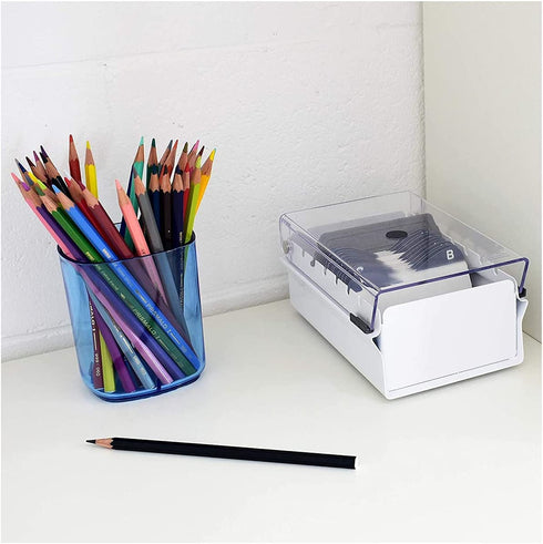 Acrimet Index Business Card Size File Holder Organizer Metal Base Heavy Duty (AZ Index Cards and Divider Included) (White Color with Clear Crystal Plastic Lid Cover)