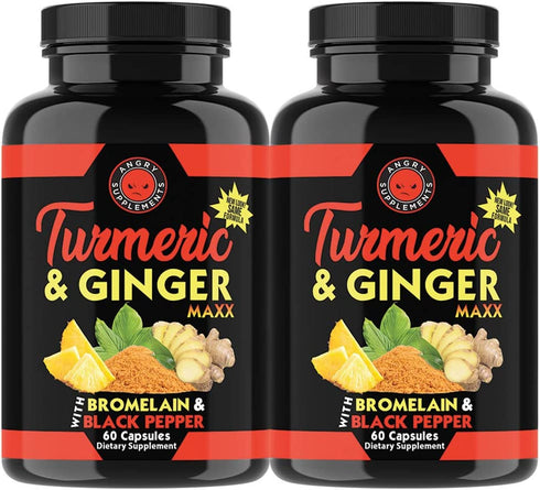 Angry Supplements Turmeric Curcumin & Ginger Maxx, 95% Curcuminoids with Black Pepper, Reduce Inflammation & Joint Support, Antioxidant, 1355mg Blend of Non-GMO Ingredients (2-Bottles)