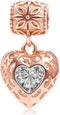 ABUN Rose Gold Heart Dangle Charms with Clear CZ Stone 925 Sterling Silver Love Bead for Bracelet