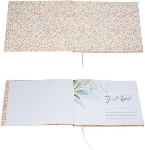 Avamie Wedding Guest Book, 120 Lined Pages Guest Sign-in Book Guest Registry Guestbook Planner, White Cover With Gold Foil and Greenery Design, Gold Gilded Edges and Gold Ribbon, 7x9 inches, Hardbound