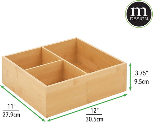 mDesign Bamboo Wood Kitchen Storage Bin Organizer for Food Container Lids and Covers - Use in Cabinets, Pantries, Cupboards - Large Divided Organizer with 3 Sections - 12" Long - Natural