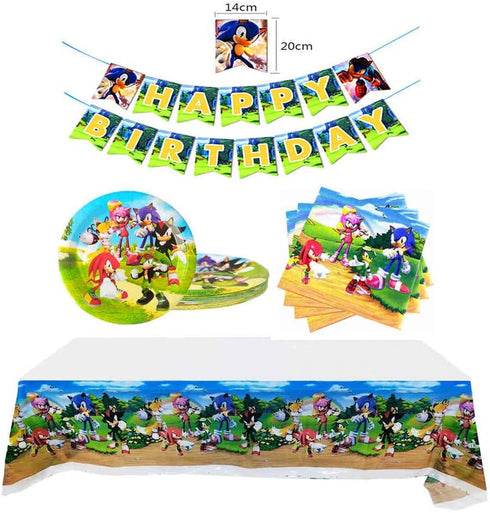 Sonic The Hedgehog Party Supplies, 20 Plates and 20 Napkins and 1 table cloth/birthday greeting card. Children's Birthday Party Decorations and Baby Shower