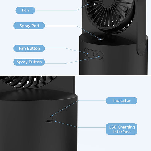 Cool Mist Air Diffuser, toberto 3 Speeds Rechargeable Portable Personal Mist USB Quiet Mini Fan Black