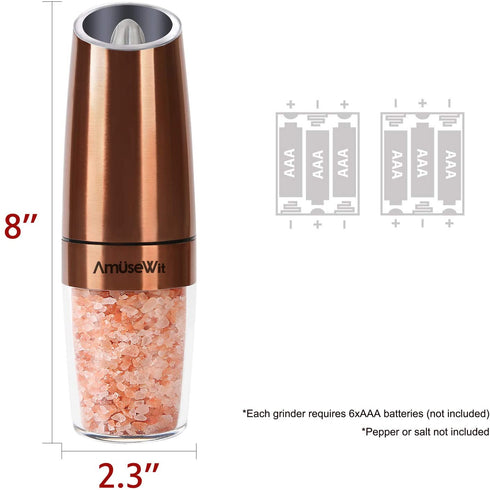 Gravity Electric Pepper Grinder or Salt Grinder Mill?White Light?- Battery Operated Automatic Pepper Mill with Light, Adjustable Coarseness, One Handed Operation, Cleaning Brush, Copper by AmuseWit