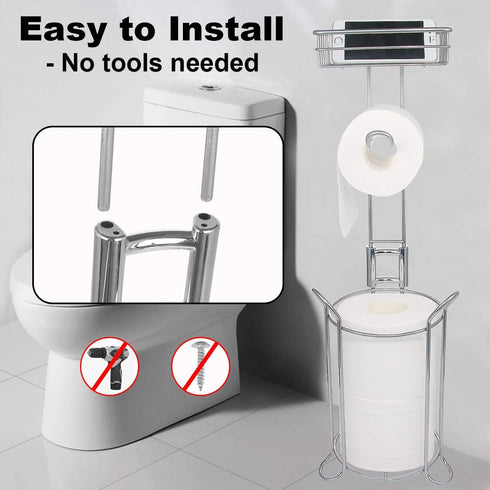 Toilet Paper Holder Stand with Storage Bathroom Free standing Toilet Tissue Holder with Dispenser Shelf for Mobile Phone, Hold 3 Rolls Reserve Toilet Roll Holder Metal Large Bathroom Storage Silver