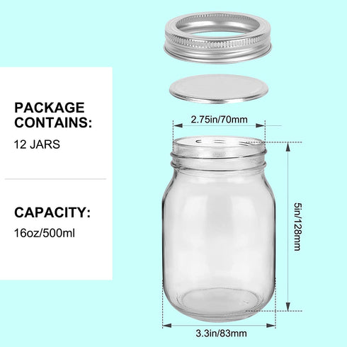16 oz Glass Mason Jars, 12 Pack 500ml Canning Jars with Regular Mouth Lids, Glass Jars Storage Containers for Overnight Oats, Jam, Jelly, Honey, Beans, Spice, Wedding Party Favor, Shower Favors