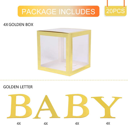 Gold Baby Shower Boxes 4 Pcs Gold Transparent Balloon Boxes with 4*4 Gold BABY Letters, Gold baby shower blocks for Boys Girls , Letter Boxes for Birthday Party, Gender Reveal Backdrop