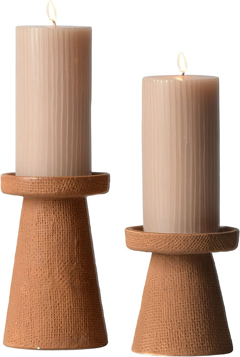 Main + Mesa Unscented Ribbed Pillar Candles, Set of 2, 3"x6", Blush Taupe