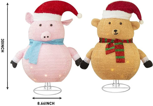 PEIDUO Light up Pink Pig and Brown Bear Suit,30 Inch Height with 100 Warm White Lights, Pre Lit Collapsible Christmas Decorations for Indoor Outdoor Holiday Yard Porch Patio Bedroom Lawn Garden Décor