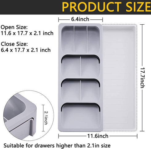 Sazoemao Kitchen Drawer Organizer Tray,Silverware Organizer Storage Tray,DrawerStore Compact Cutlery Expandable Organizer for Kitchen Drawer Holding Flatware Spoons Forks Grey