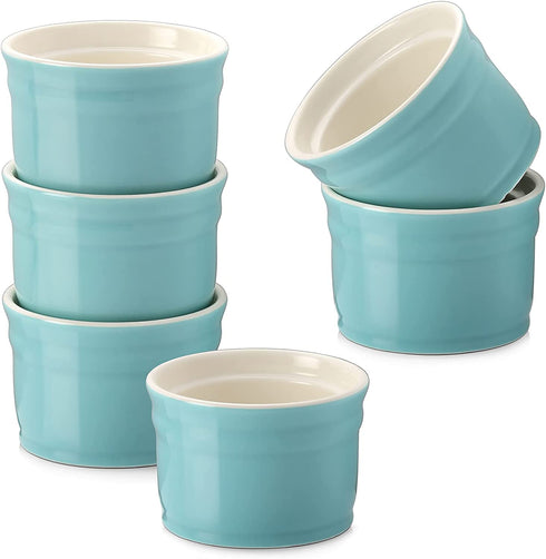 DOWAN Ramekins, Porcelain Ramekins 8 oz Oven Safe, Set of 6 Ramekins for Creme Brulee, Souffle Dishes Custard Cups Dessert Small Bowls for Pudding, Turquoise Ramekins for Baking
