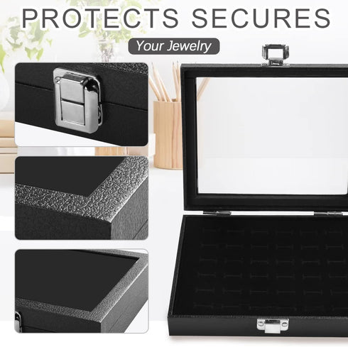Jewelry Storage Case, Black Wooden 36 Slot Velvet Glass Ring Storage Box Display, Stand Case Holder Organized Tray for Jewelry Showcase